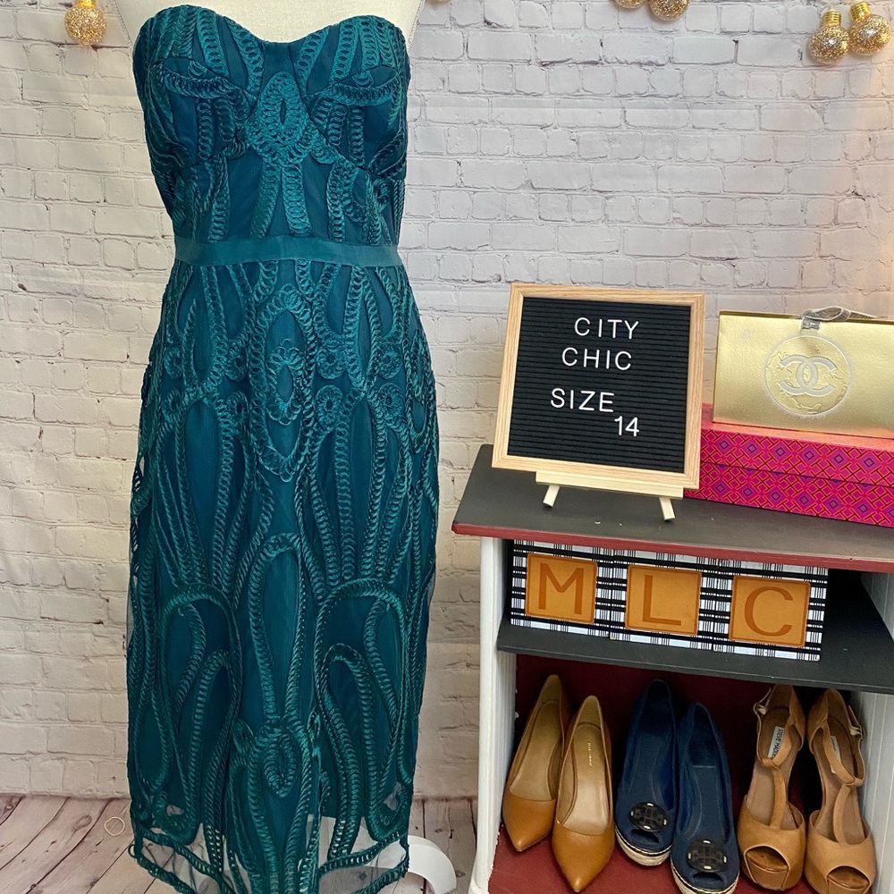 Teal Brocade City Chic Strapless Dress